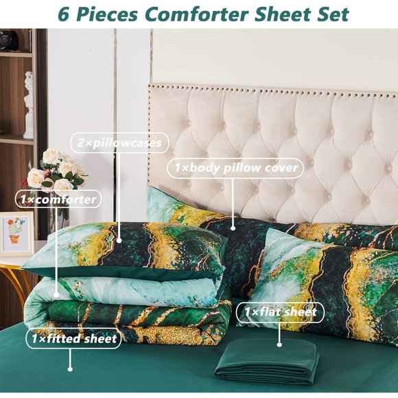 New  6 Pcs Bed-in-A-Bag Blue Watercolor Marble Printed  Comforter Set wi… - Picture 9 of 11